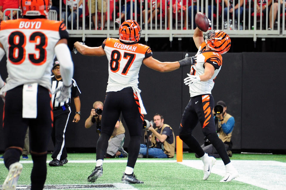 Bengals tight end Tyler Eifert pretended to chug a beer in the end zone after scoring a touchdown on Sunday against the Atlanta Falcons. (Getty Images)