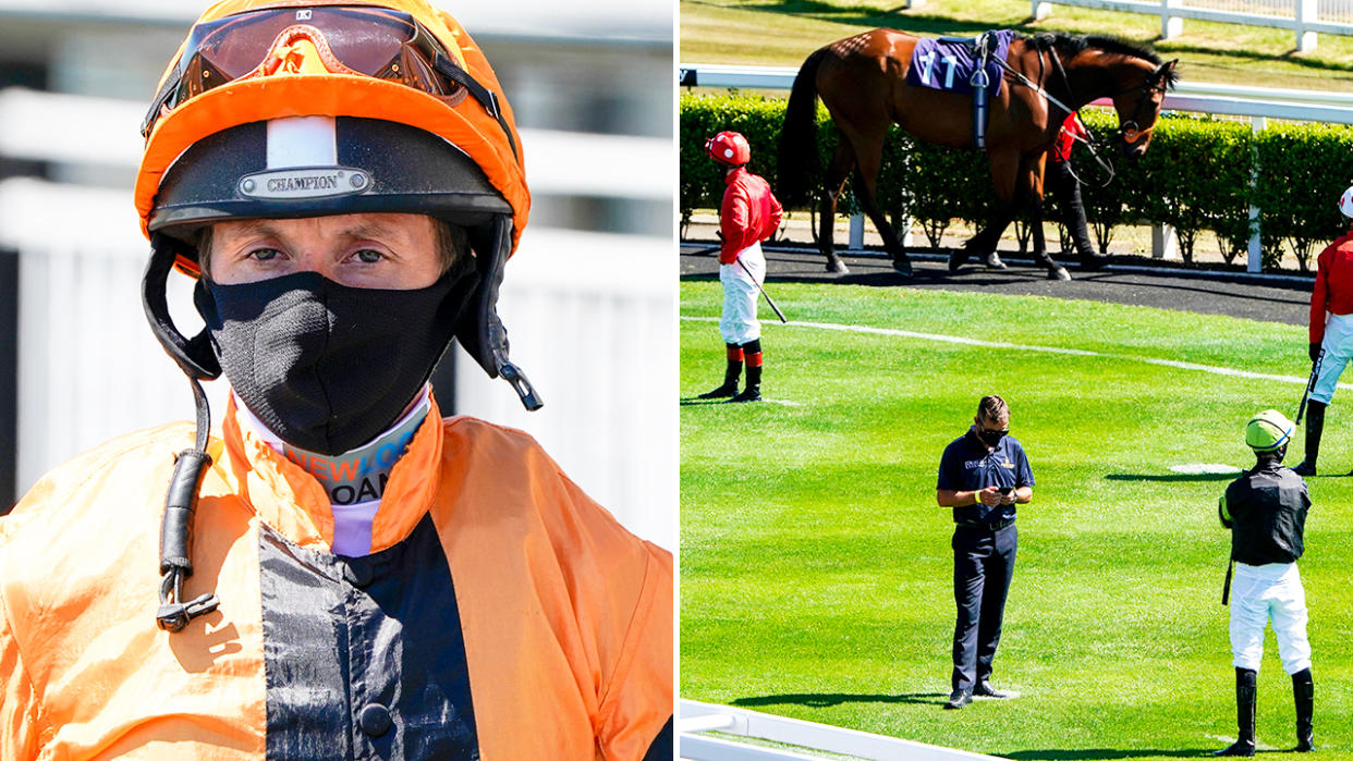 Los jinetes llevan mascarillas y mantienen el distanciamiento social en las carreras de Newcastle. (Foto: Getty)