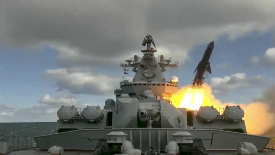 In this undated video grab provided by Russian Defense Ministry Press Service, Russia's Varyag missile cruiser fires a cruise missile as part of the Russian navy manoeuvres in the Bering Sea. The Russian navy has conducted massive war games near Alaska involving dozens of ships and aircraft, the biggest such drills in the area since Soviet times. (Russian Defense Ministry Press Service via AP)