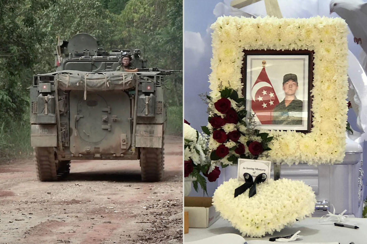 The accident on 3 November 2018 involved a Bionix Infantry Fighting Vehicle (left) and a Land Rover driven by 22-year-old NSF Liu Kai (right). (PHOTOS: Mindef / Yahoo News Singapore)