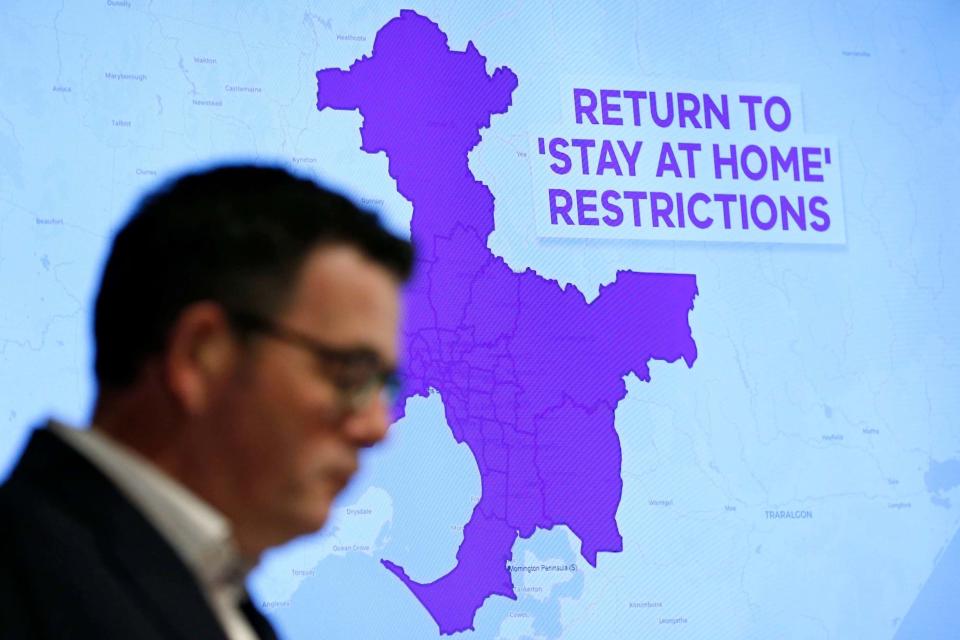 A graphic is seen showing the areas of Melbourne that will be required to go into lock down as Victorian Premier Daniel Andrews speaks to reporters on Tuesday (Getty Images)