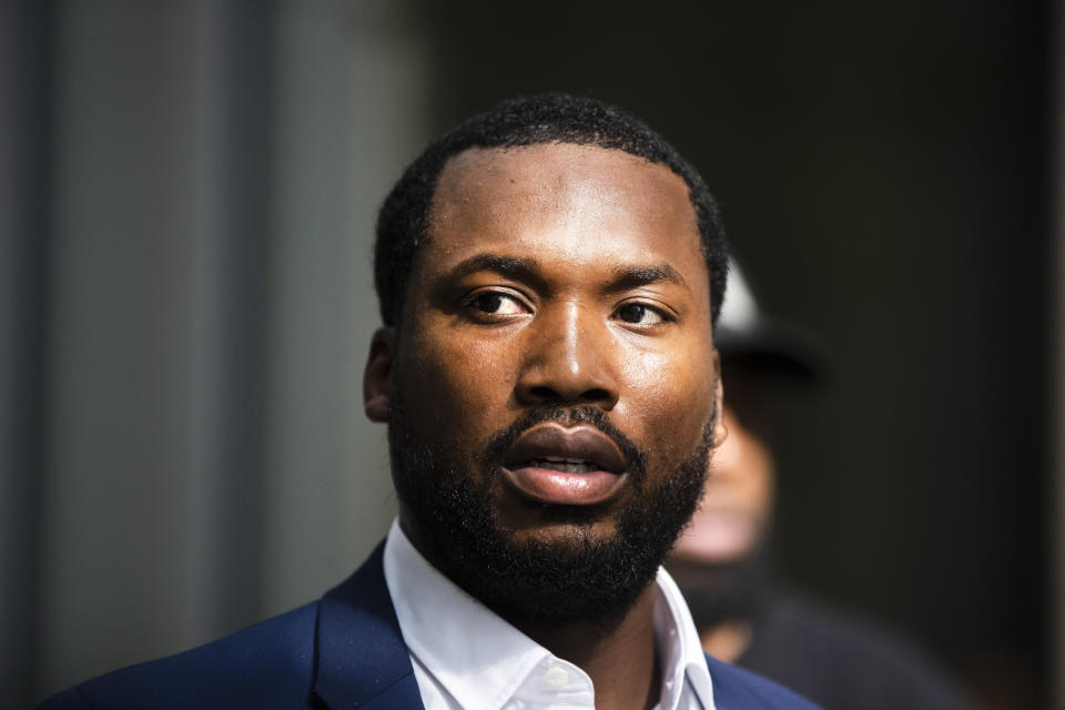 Rapper Meek Mill departs from the criminal justice center in Philadelphia after a status hearing, Tuesday, Aug. 6, 2019. A decision on whether Mill will be retried in a drug and gun case has been delayed until later this month. (AP Photo/Matt Rourke)