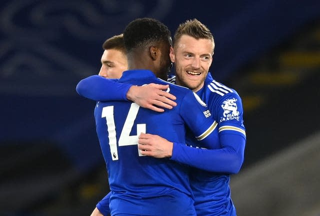 Leicester City’s Kelechi Iheanacho (left) celebrates with with team-mate Jamie Vardy (right) 