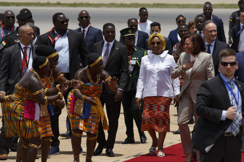 FILE - Vice President Kamala Harris is greeted by traditional dancers as she arrives in Accra, Ghana, Sunday, March 26, 2023. (AP Photo/Misper Apawu, File)
