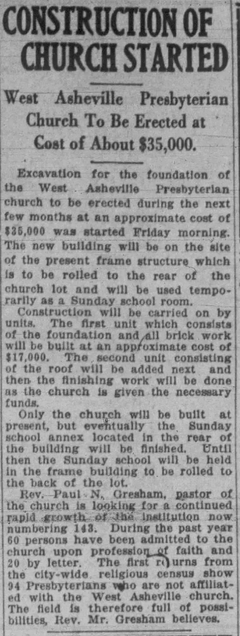 A clipping from The Asheville Times on Sept. 24, 1921. The article headline is "Construction of church started."