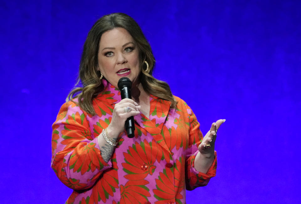 Melissa McCarthy, a cast member in the upcoming film "The Little Mermaid," introduces a clip from the film during the Walt Disney Studios presentation at CinemaCon 2023, the official convention of the National Association of Theatre Owners (NATO) at Caesars Palace, Wednesday, April 26, 2023, in Las Vegas. (AP Photo/Chris Pizzello)