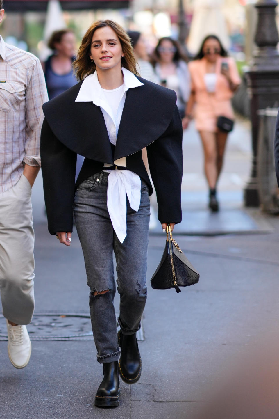 Emma Watson outside the Schiaparelli show, during Paris Fashion Week. (Getty Images)