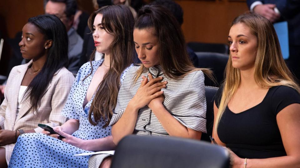 PHOTO: In this Sept. 15, 2021, file photo, Simone Biles, McKayla Maroney, Aly Raisman and Maggie Nichols arrive to testify during a Senate Judiciary hearing, on Capitol Hill, in Washington, D.C. (Saul Loeb, Pool via Getty Images, FILE)