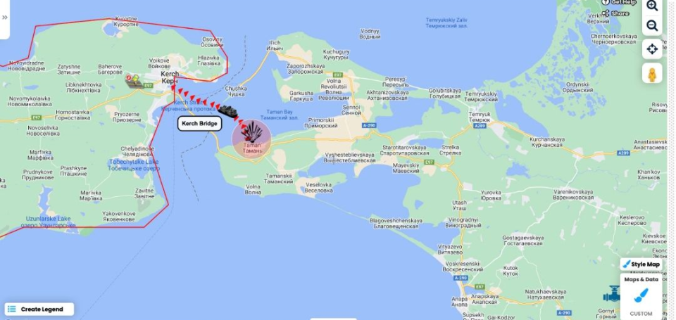 克里米亞俄國被襲擊油庫具體位置的地圖。   圖：翻攝自 NOËL 推特
