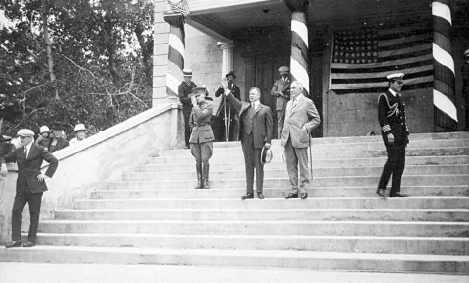 President Warren G. Harding with Gov. Charles R. Mabey on the steps of the Bountiful Tabernacle on June 26, 1923. | Ron Fox