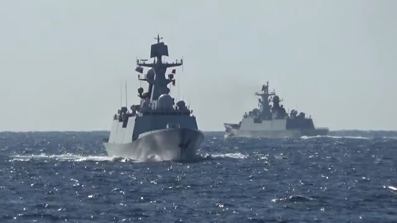 Russian and Chinese naval vessels conduct a maritime patrol in the Pacific Ocean