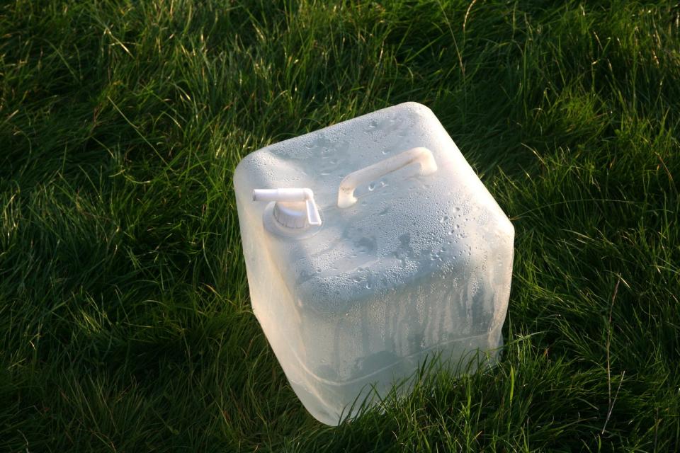 A collapsible water jug.