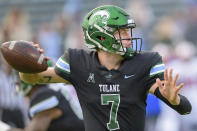 Tulane quarterback Michael Pratt (7) throws a pass during an NCAA college football game against SMU in New Orleans, Friday, Oct. 16, 2020. (AP Photo/Matthew Hinton)