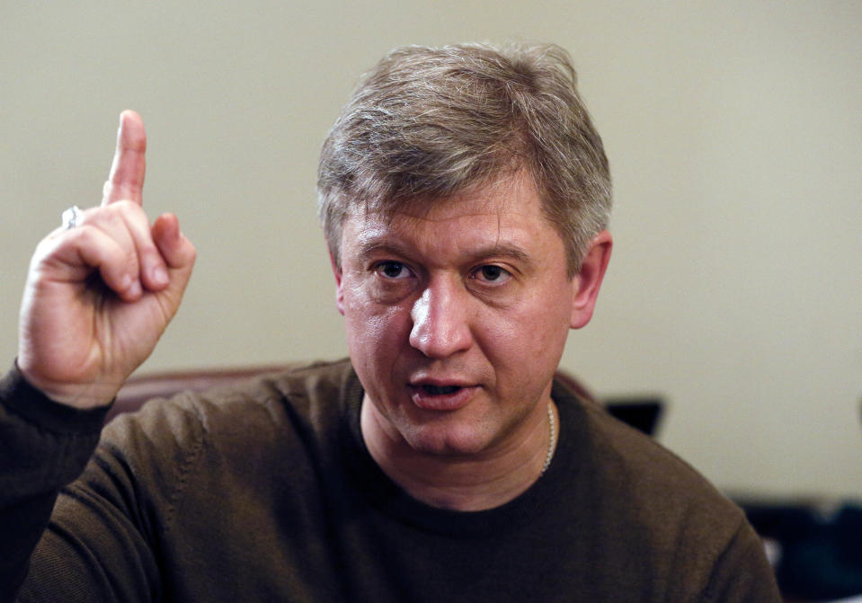 Oleksandr Danyliuk, former Ukrainian Minister of Finance and advisor to presidential candidate Volodymyr Zelenskiy, talks during an interview with The Associated Press in Kiev, Ukraine, Wednesday, April 3, 2019. The thriving campaign of comedian Volodymyr Zelenskiy to be Ukraine’s president may seem improbable, but his campaign adviser says the country has reached the point where it needs reforms from seemingly unlikely sources. Oleksandr Danylyuk spoke to The Associated Press on Wednesday, three days after the election first round in which Zelenskiy easily outpaced incumbent Petro Poroshenko. (AP Photo Efrem Lukatsky)
