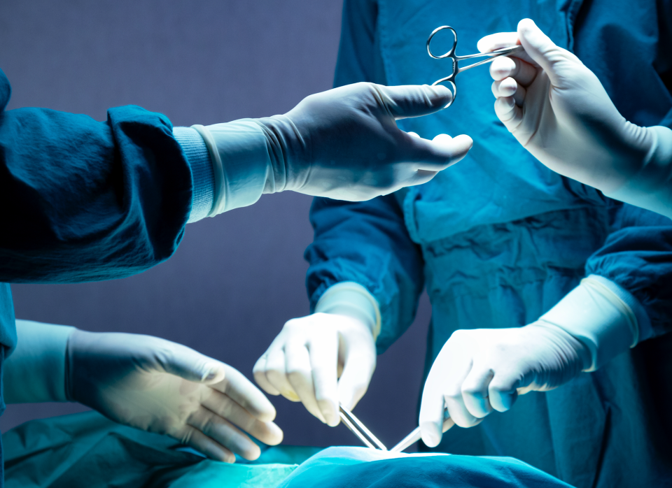 Surgical team performing an operation with medical instruments