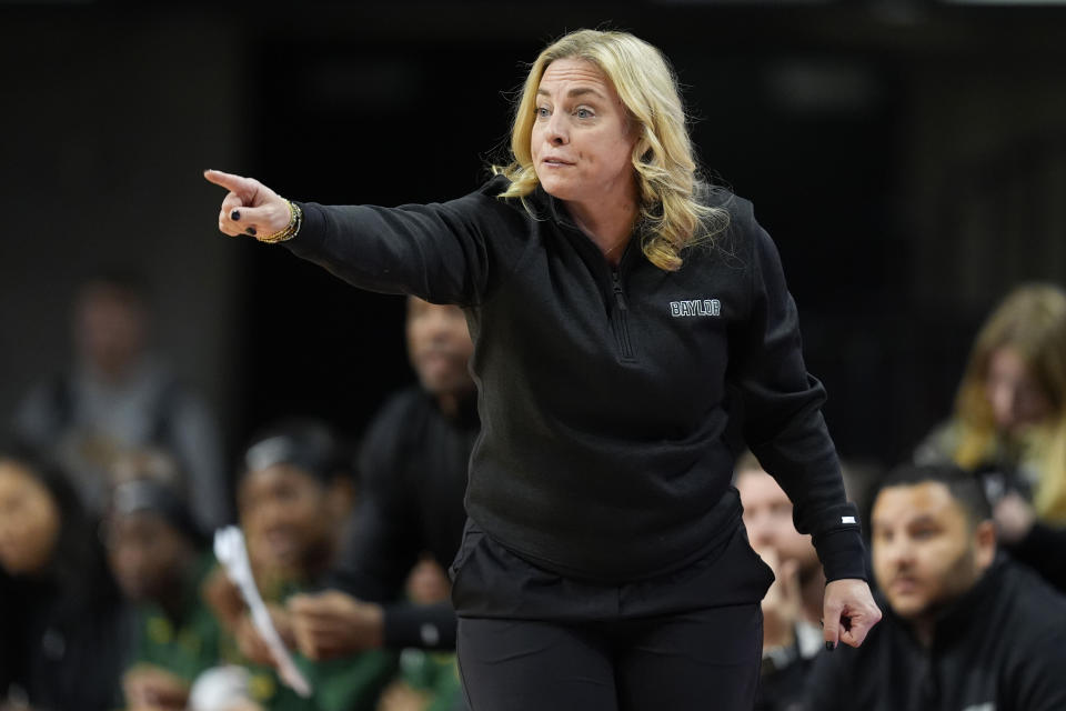 Baylor head coach Nicki Collen directs her team during the first half of an NCAA college basketball game against Iowa State, Saturday, Jan. 13, 2024, in Ames, Iowa. (AP Photo/Charlie Neibergall)