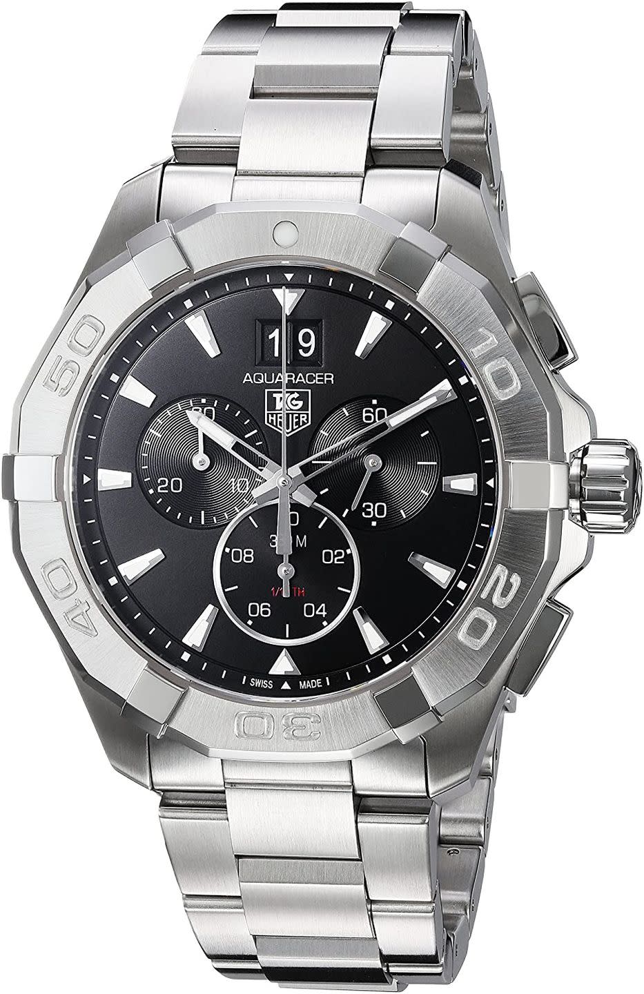 <p>Chronograph 43mm</p><p><a class="link " href="https://www.amazon.co.uk/TAG-Heuer-CAY1110-BA0927/dp/B019RAGAVG?tag=hearstuk-yahoo-21&ascsubtag=%5Bartid%7C1923.g.33457947%5Bsrc%7Cyahoo-uk" rel="nofollow noopener" target="_blank" data-ylk="slk:SHOP;elm:context_link;itc:0;sec:content-canvas">SHOP</a></p><p>As with most <a href="http://www.esquire.com/uk/style/watches/g32127494/best-dive-watches/" rel="nofollow noopener" target="_blank" data-ylk="slk:diving watches;elm:context_link;itc:0;sec:content-canvas" class="link ">diving watches</a>, the Aquaracer’s largest customer base is comprised of people with no intention of ever leaving dry land. Still, this tool watch remains a professional piece of kit, introduced in 2003 after its forerunner, the Aquagraph, had been tested by the Navy Seals. Its viability as a diving watch proved all the more impressive given it was a chronograph – ie: it had moving parts to go wrong. Setting the standard in design and appearance ever since.</p><p>£1,550; <a href="https://www.amazon.co.uk/TAG-Heuer-CAY1110-BA0927/dp/B019RAGAVG" rel="nofollow noopener" target="_blank" data-ylk="slk:amazon.co.uk;elm:context_link;itc:0;sec:content-canvas" class="link ">amazon.co.uk</a></p>