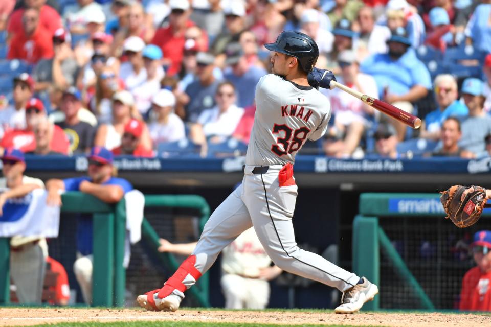 Jul 28, 2024; Philadelphia, Pennsylvania, USA; Cleveland Guardians outfielder Steven Kwan (38) watches his home run against the Philadelphia Phillies during the seventh inning at Citizens Bank Park. Mandatory Credit: Eric Hartline-USA TODAY Sports