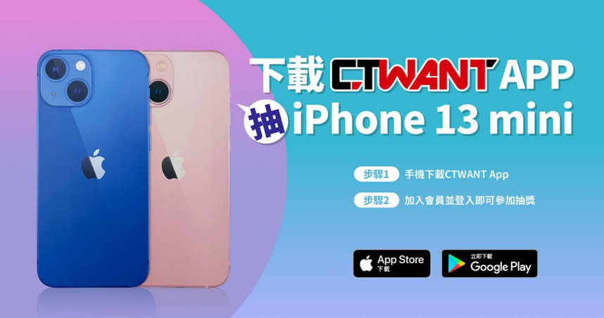 CTWANT App正式上線，已經抽出2位幸運得主，還有2台「iPhone 13 mini」等你來拿。（合成圖／翻攝自www.apple.com）