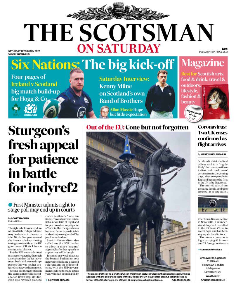 The Scotsman carried a photo of the Duke of Wellington statue traffic cone replaced by one in EU colours under the caption "cone but not forgotten"