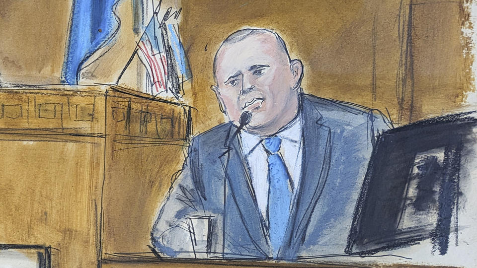 Gary Farro, a private client adviser who previously worked at First Republic Bank, testifies on the witness stand in Manhattan criminal court, Friday, April 26, 2024, in New York. (Elizabeth Williams via AP)