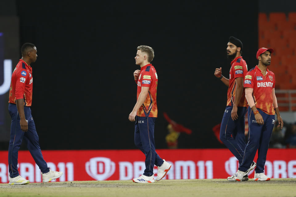 Punjab Kings players reacts after they lost their match against Gujarat Titans' in the Indian Premier League cricket match between Punjab Kings' and Gujarat Titans' in Mullanpur, India, Sunday, April 21, 2024.(AP Photo/ Surjeet Yadav))