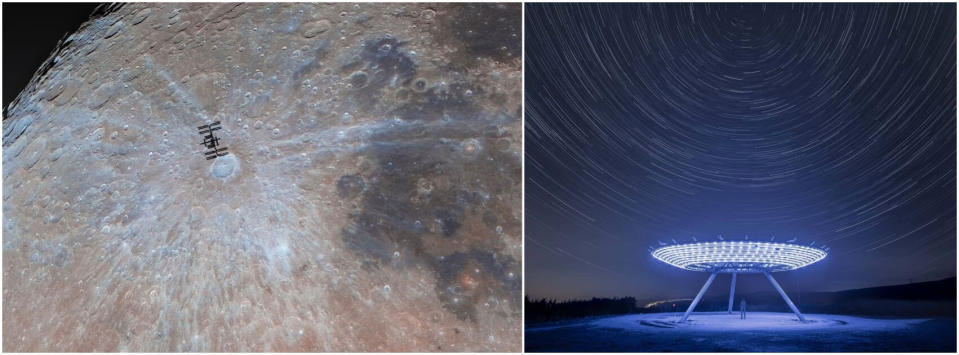 pictures of the moon with the ISS in passing in front, and a blue radar-like dish below a sky of star trails.