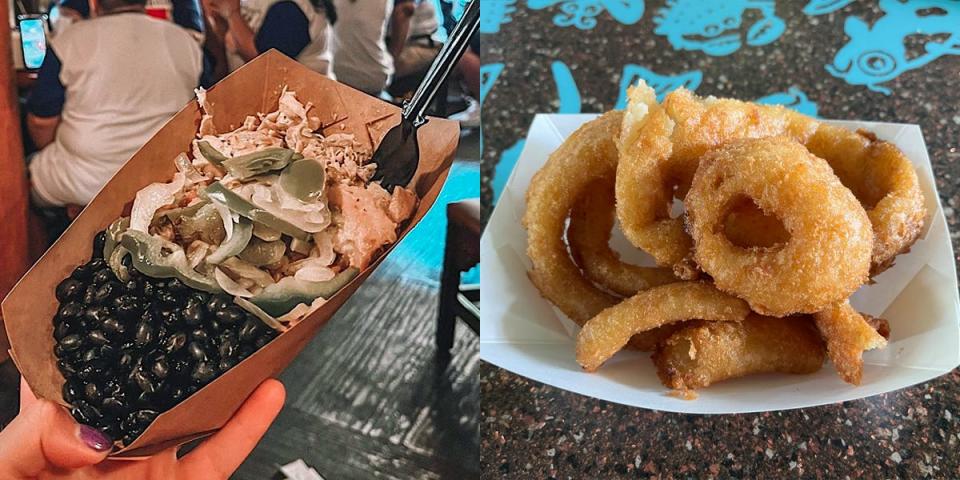burrito bowl from pecos bill at magic kiungdom and onion rings from flametree barbecue at animal kingdom