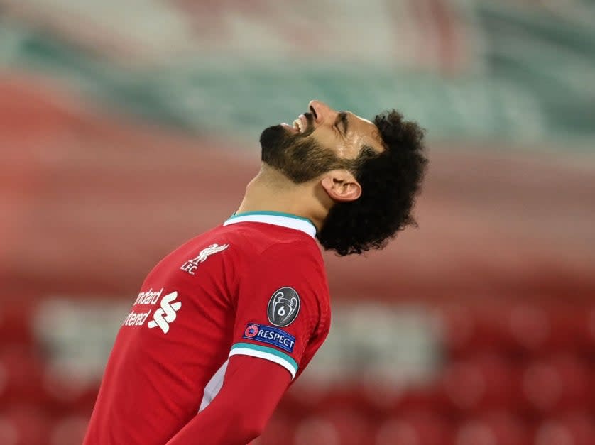 <p>Mohamed Salah reacts during Liverpool’s defeat</p> (Getty Images)