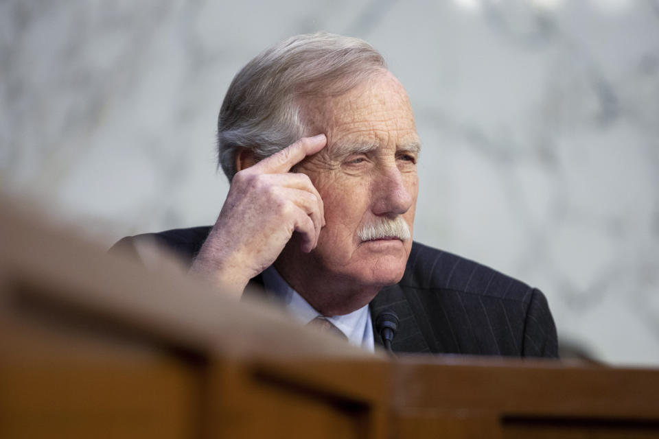 FILE - Sen. Angus King, I-Maine, listens during a Senate Intelligence Committee hearing to examine worldwide threats at the Capitol in Washington, Wednesday, March 8, 2023. A new generation of senators is working on gun violence prevention legislation in the aftermath of mass shootings. The effort by Sen. Martin Heinrich of New Mexico and Sen. Angus King of Maine comes as Congress shows no signs of reinstating the landmark 1994 assault weapons ban from the late Sen. Dianne Feinstein. (AP Photo/Amanda Andrade-Rhoades, File)