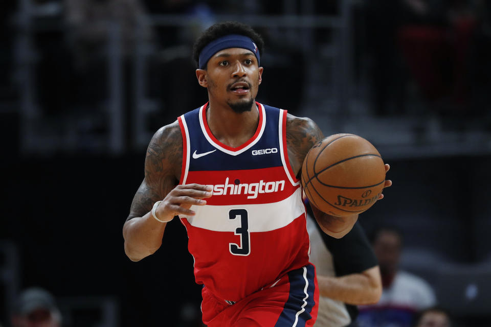 Washington Wizards guard Bradley Beal plays against the Detroit Pistons in the second half of an NBA basketball game in Detroit, Monday, Dec. 16, 2019. (AP Photo/Paul Sancya)