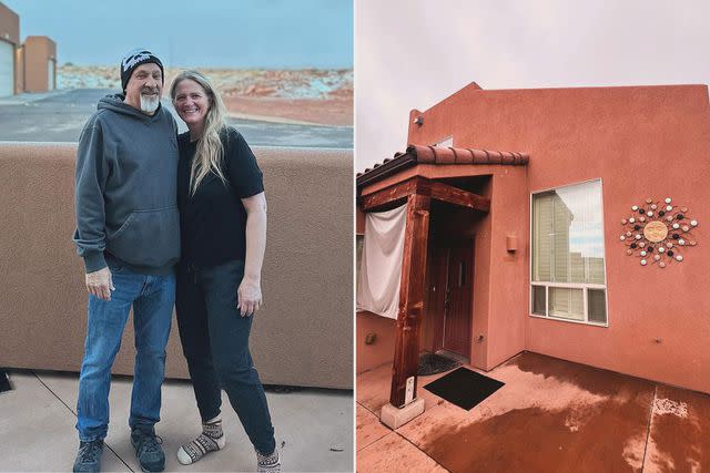 <p>Christine Brown/Instagram</p> Christine Brown and David Woolley (left) pose outside of the Moab, Utah Airbnb they're opening in March (right).