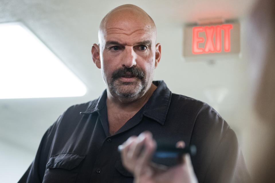 Sen. John Fetterman, D-Pa., speaks to reporters on Capitol Hill on Sept. 7. (Tom Williams/CQ-Roll Call via Getty Images)