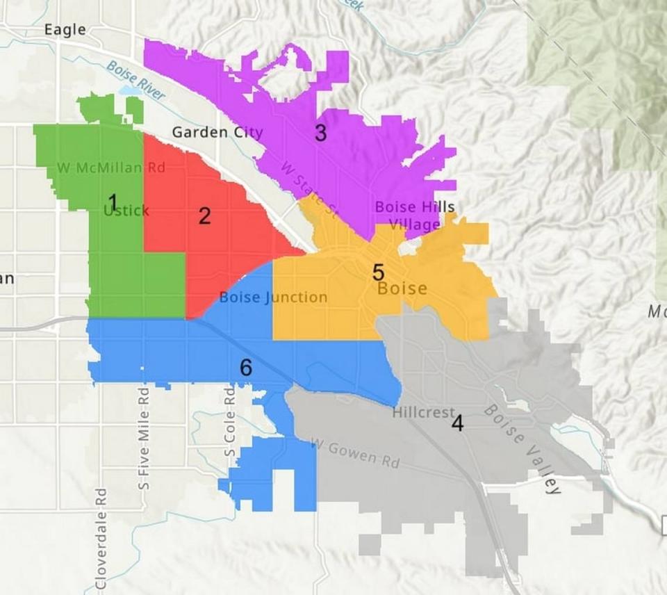 A map of the city of Boise’s new electoral districts, which will be put to use for the first time in 2021.