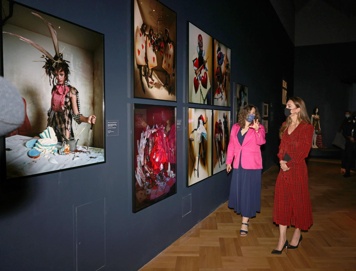 The Duchess of Cambridge in the Alice exhibition with curator Kate Bailey, during a visit to V&A Museum in London. Picture date: Wednesday May 19, 2021.