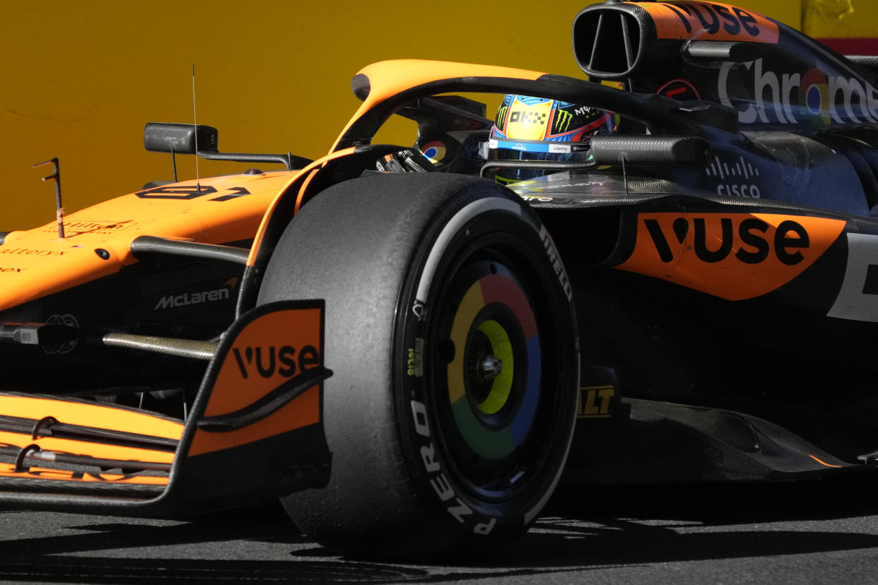 McLaren driver Oscar Piastri of Australia in action during a Formula One Grand Prix in Baku, Azerbaijan, on Sunday, Sept. 15, 2024. (AP Photo/Sergei Grits)