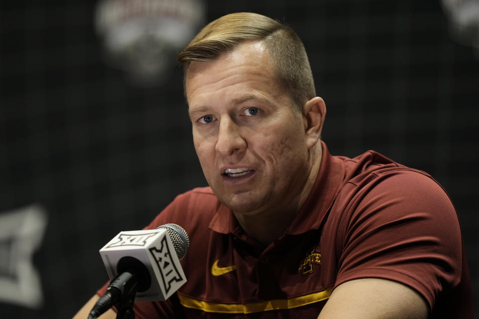 Iowa State coach T.J. Otzelberger addresses the media during the NCAA college Big 12 men's basketball media day Wednesday, Oct. 18, 2023, in Kansas City, Mo. (AP Photo/Charlie Riedel)