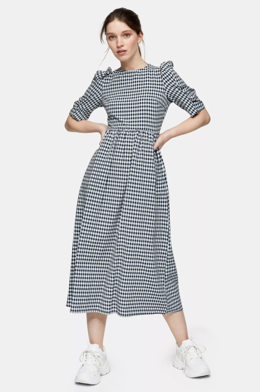 Black And White Gingham Cross Back Smock Midi Dress. Image via Topshop.