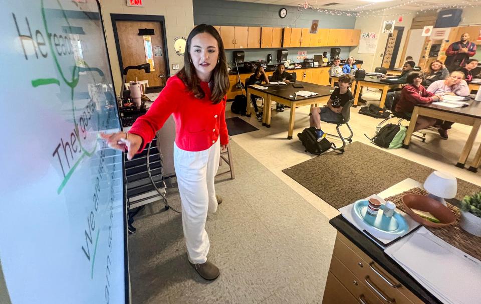 Hailey Beville Whitehead, teacher of the year at Robert Anderson Middle School in Anderson, S.C. leads a discussion on pronouns with her class Wednesday, April 24, 2024.