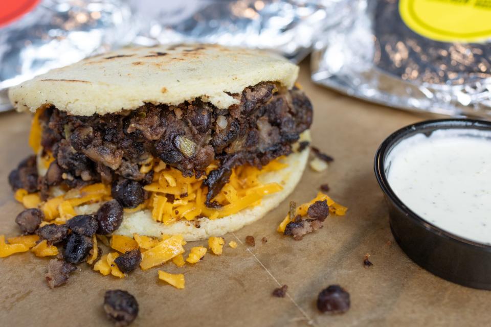 The new 3rd Street Market Hall Annex at American Family Field includes Anytime Arepas. This is the black bean arepa.