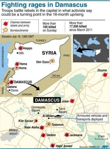 Map locating violence in the Syrian capital and across the country. Rebels declared the battle to "liberate" Damascus has begun as heavy fighting raged across the city on Tuesday and Russia said an agreement is possible for a UN resolution on the Syria crisis