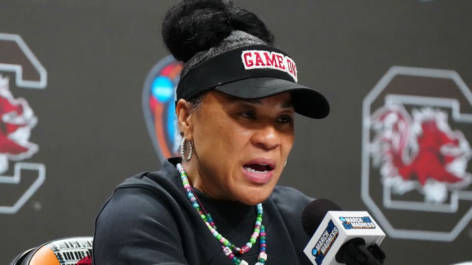 South Carolina Gamecocks coach Dawn Staley speaks to media during a press conference at Rocket Mortgage FieldHouse. - Kirby Lee/USA Today Sports/Reuters