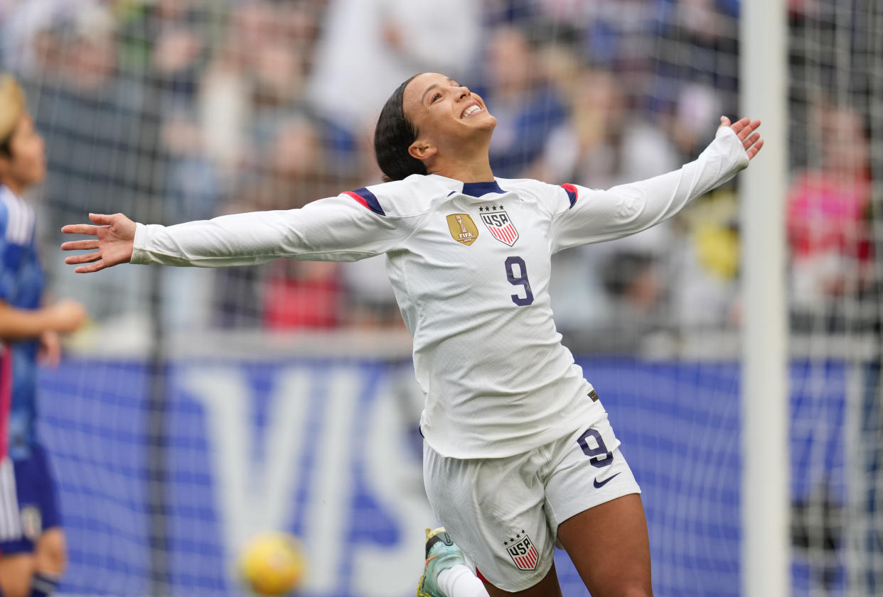NASHVILLE, TN - FEBRUARY 19: Mallory Swanson #9 of the United States scores a goal and celebrates during the SheBelieves Cup game between Japan and USWNT at GEODIS Park on February 19, 2023 in Nashville, Tennessee. (Photo by Brad Smith/ISI Photos/Getty Images)