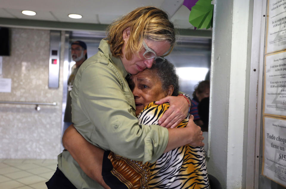 San Juan Mayor Carmen Yulín Cruz, left, hugs a woman during her visit to an elderly home in San Juan, Puerto Rico, Sept. 22, 2017. (Photo: Thais Llorca/EPA-EFE/REX/Shutterstock)