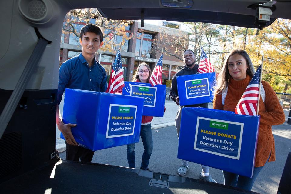 The Middlesex College Veterans and Servicemembers Association, the Phi Theta Kappa honor society, Democracy House, and the college’s Student Life Office collected items from the college community over the month of November to be donated to the Veterans Memorial Home at Menlo Park, in Edison. Donations included 10 boxes of sunglasses, socks, shampoo and conditioner, snacks and other items. (Left to right) Anvay Patel of South Brunswick, Kathleen Sabo of Sayreville, Jennifer Bejarano-Huertas of Fords and Jakai Evans of Edison.