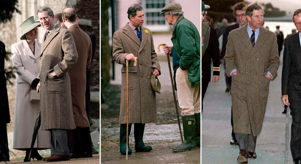 King Charles wore his brown wool tweed coat for three occasions in 1999 alone. (Getty Images)