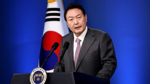 PHOTO: South Korean President Yoon Suk-yeol delivers a speech during his news conference to mark his first 100 days Seoul on Aug. 17, 2022. (Chung Sung-jun/AFP via Getty Images)