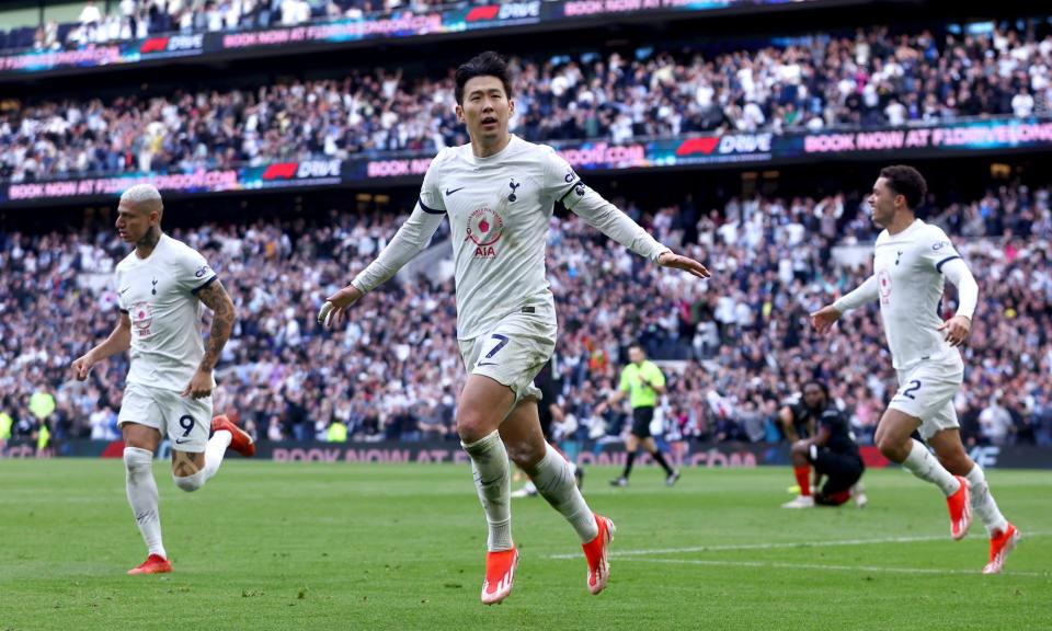 <span>Son Heung-min celebrates scoring Tottenham’s late winner against Luton.</span><span>Photograph: Chloe Knott/Danehouse/Getty Images</span>