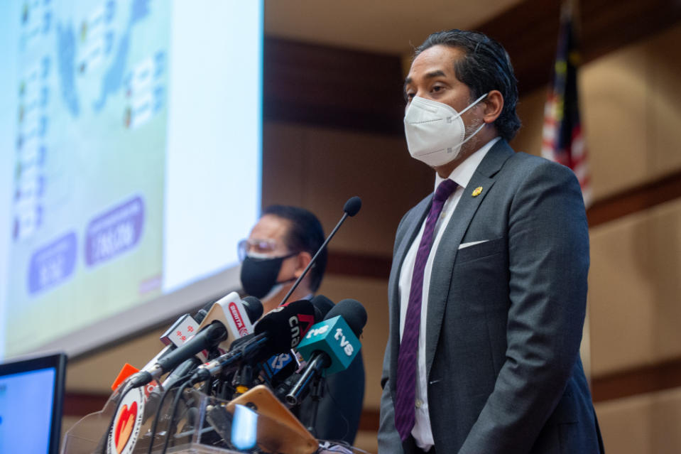 Health Minister Khairy Jamaluddin speaks at a press conference in Putrajaya, September 1, 2021. — Picture by Shafwan Zaidon