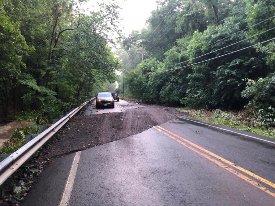 One of the roadways washed out as a result of flash floods in Upper Makefield on July 15, 2023.